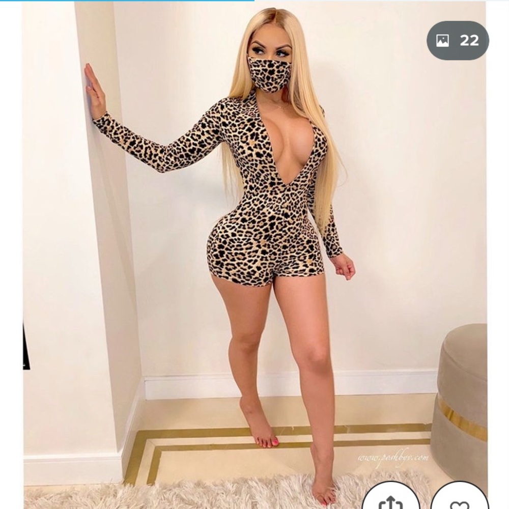 Deep V Long Sleeve Leopard Jumpsuit